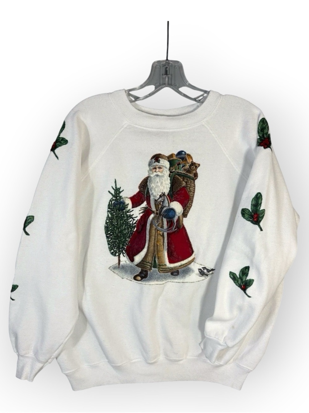 VTG 90s Hanes Her Way Santa Christmas Sweatshirt M/L Made USA Teddy Bear Holly